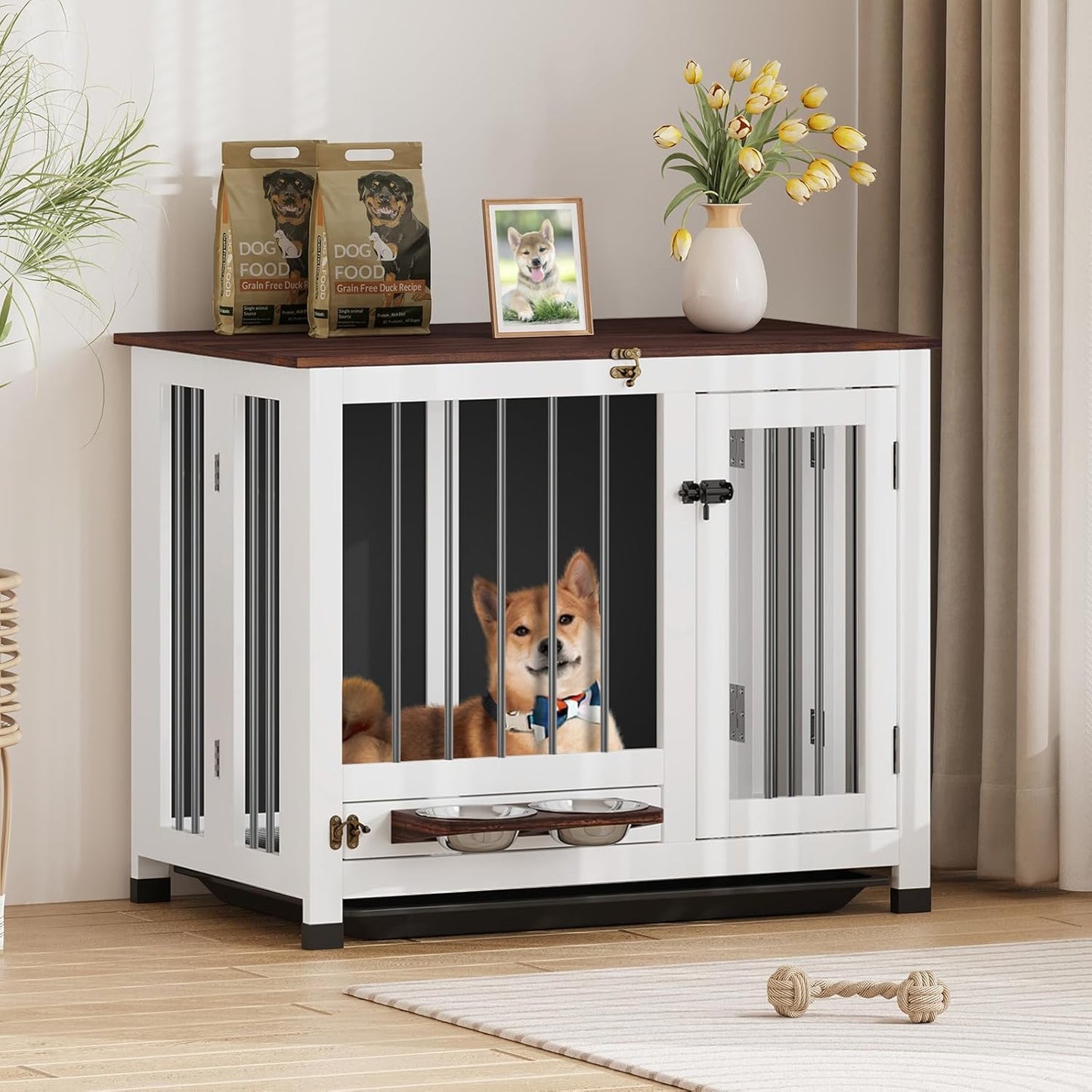 Dog Crate - 31.5" Wooden Dog Cage with Removable Tray & 360° Rotating Feeder | Decorative Dog Kennel Furniture Indoor | Multi-Functional End Table for Medium & Small Dogs, Light Walnut