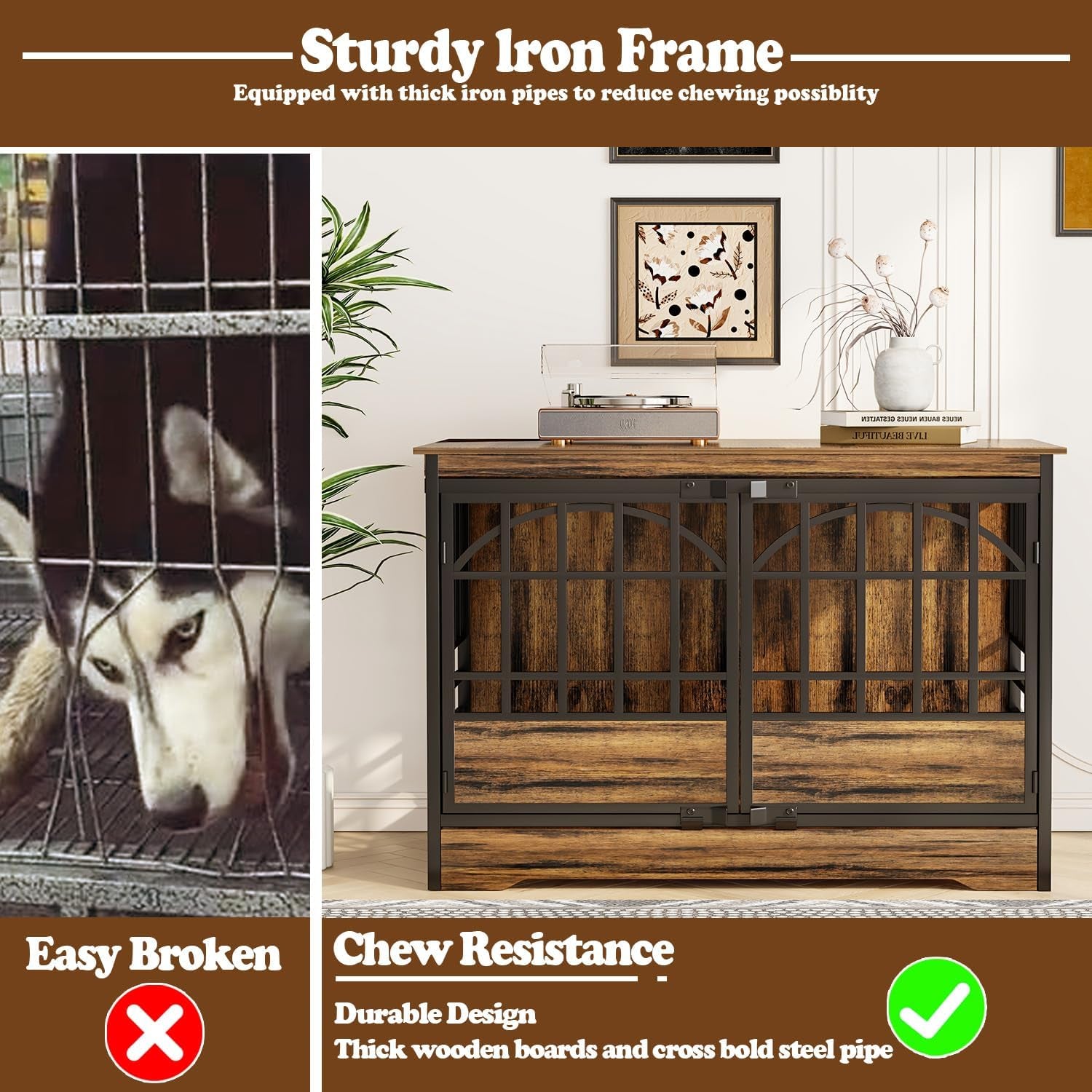 52 Inch Dog Crate Furniture, Extra Large Dog Kennel Indoor for Xlarge Breed, Heavy Duty Dog Cage with Double Elegant Arched Doors, Decorate as TV Stand & End Table (Cognac Brown)
