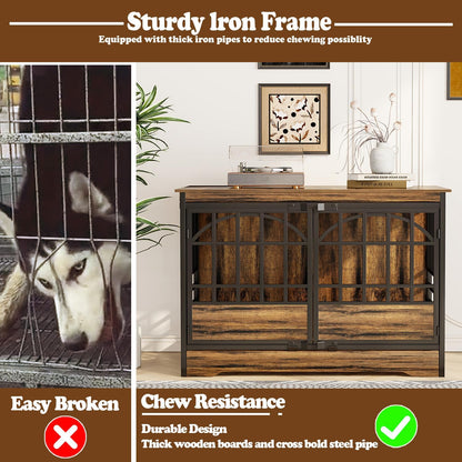 52 Inch Dog Crate Furniture, Extra Large Dog Kennel Indoor for Xlarge Breed, Heavy Duty Dog Cage with Double Elegant Arched Doors, Decorate as TV Stand & End Table (Cognac Brown)