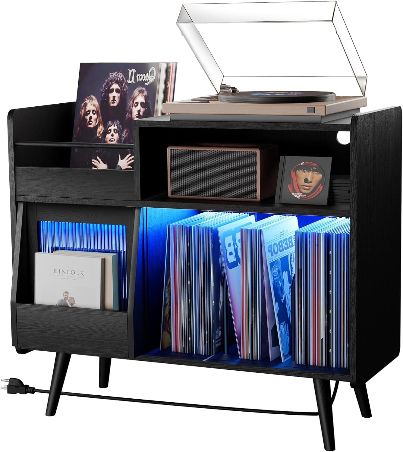 Upgraded Large Black Record Player Stand -Turntable Stand Shelf with with Power Outlet and LED Light,Vinyl Record Storage Cabinet up to 350 Albums,Wood Record Player Holder Table for Living Room