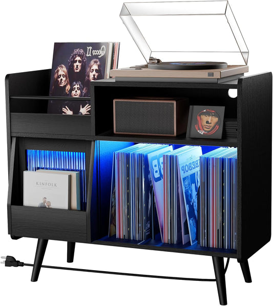 Upgraded Large Black Record Player Stand -Turntable Stand Shelf with with Power Outlet and LED Light,Vinyl Record Storage Cabinet up to 350 Albums,Wood Record Player Holder Table for Living Room
