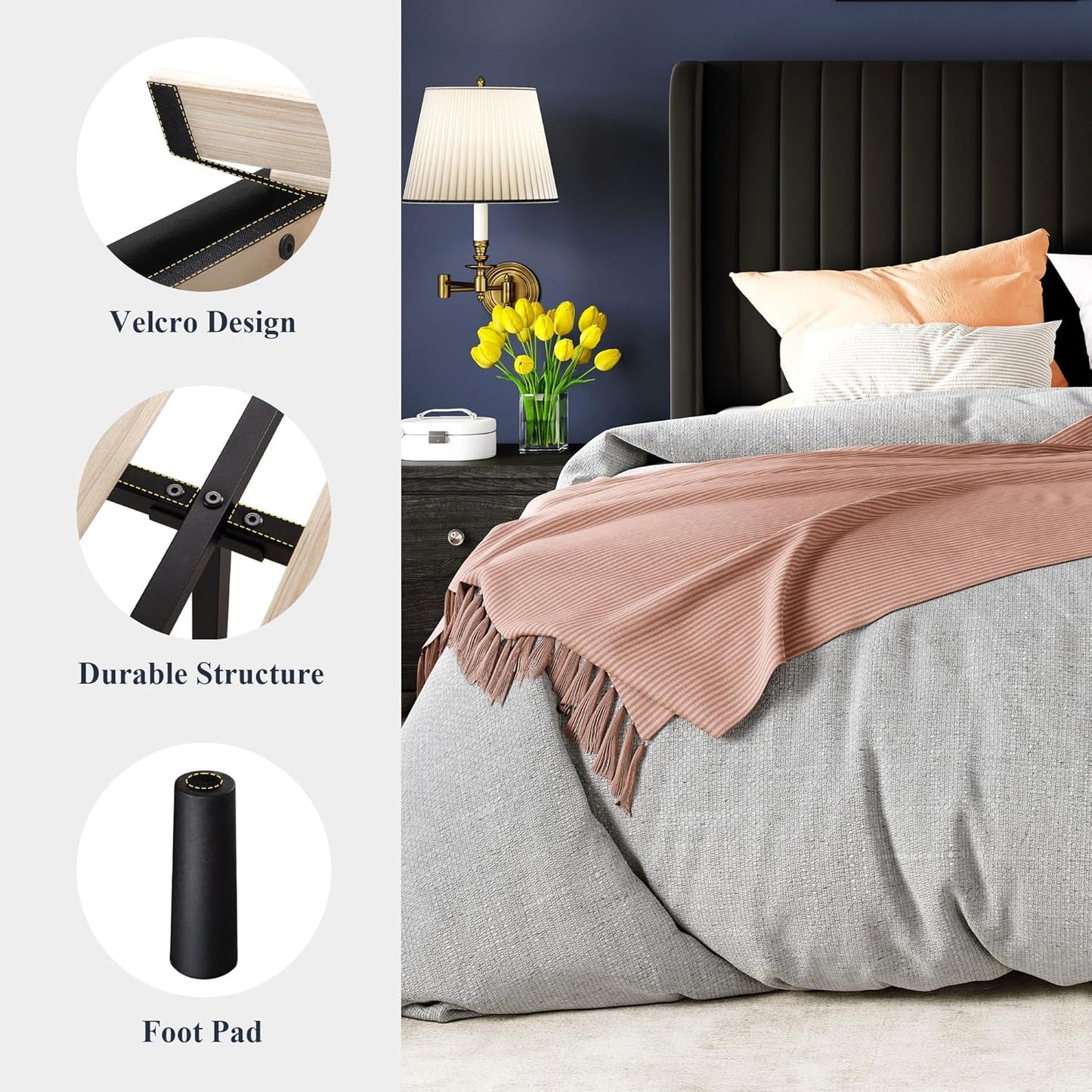 Queen Size Velvet Bed Frame/Vertical Channel Tufted Wingback Headboard/Upholstered Platform Bed/Strong Wooden Slats/No Box Spring Needed/Easy Assembly/Black