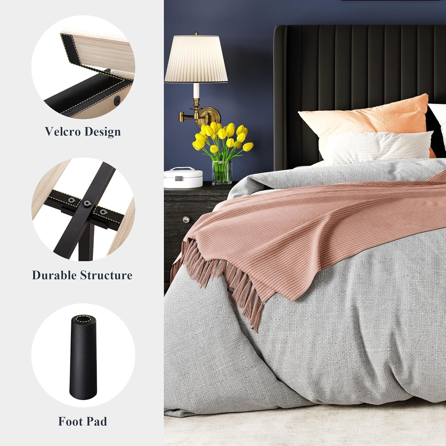 Queen Size Velvet Bed Frame/Vertical Channel Tufted Wingback Headboard/Upholstered Platform Bed/Strong Wooden Slats/No Box Spring Needed/Easy Assembly/Black