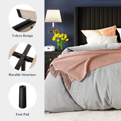 Queen Size Velvet Bed Frame/Vertical Channel Tufted Wingback Headboard/Upholstered Platform Bed/Strong Wooden Slats/No Box Spring Needed/Easy Assembly/Black