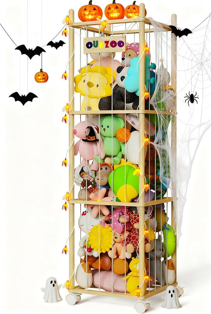 Stuffed Animal Storage Zoo with Wheels and Twinkling Bee String Lights, 55.12Inch Large Wooden Stuffed Animal Storage & Organizer with Elastic Cord Kids Plush Toy Storage for Nursery Playroom