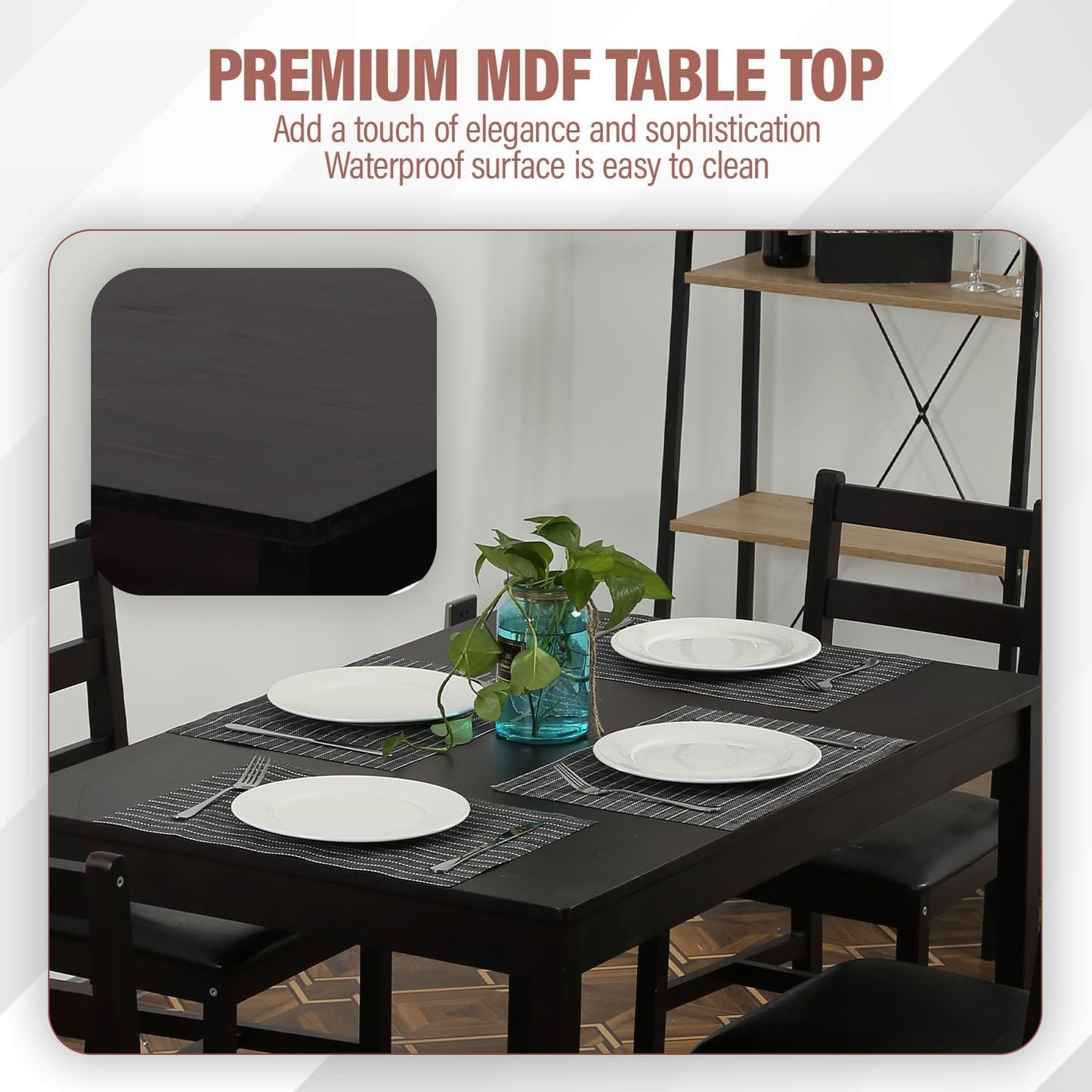 5 Pieces Kitchen Dining Room Set Dining Kitchen Table and Chairs Mid Century Style Wood Dinette Table Set for Home Family Dining Area Dark Brown