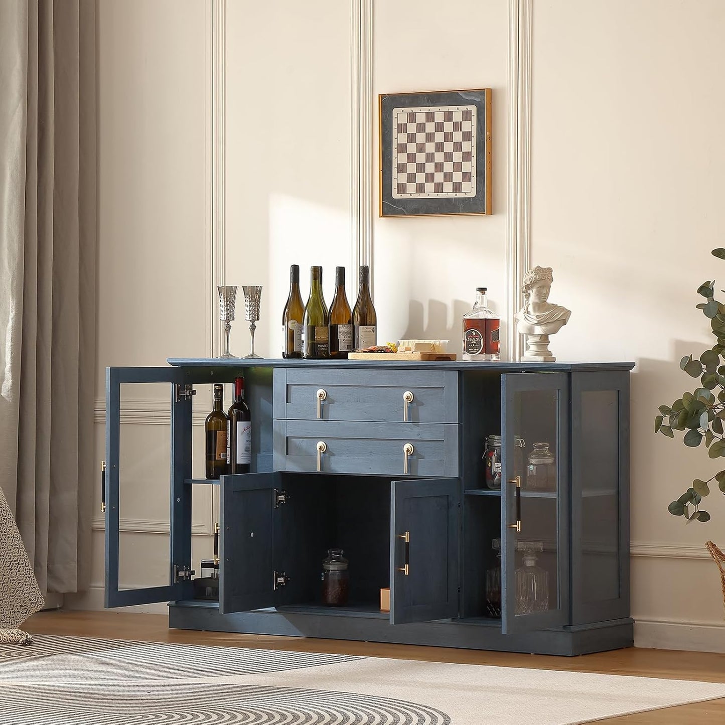 58.2'' Modern Sideboard Buffet Cabinet with Storage, Accent Coffee Bar Cabinet with 2 Glass Doors,Sideboard Credenza with Golden Handles and Adjustable Shelves,Blue