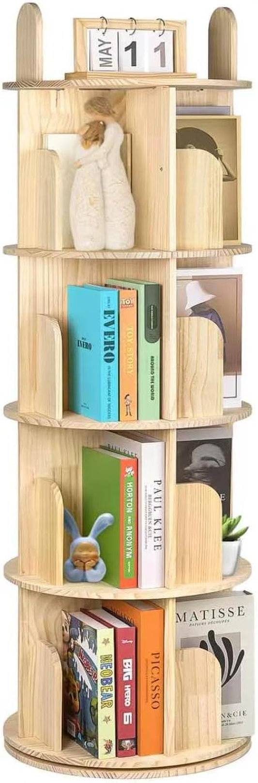 Rotating Bookshelf, Solid Pine Wood Spinning Bookshelf Tower 4 Tier, 360° Revolving Bookcase for Kids, Multi-Functiona Corner round Turning Book Shelf Organizer for Small Spaces