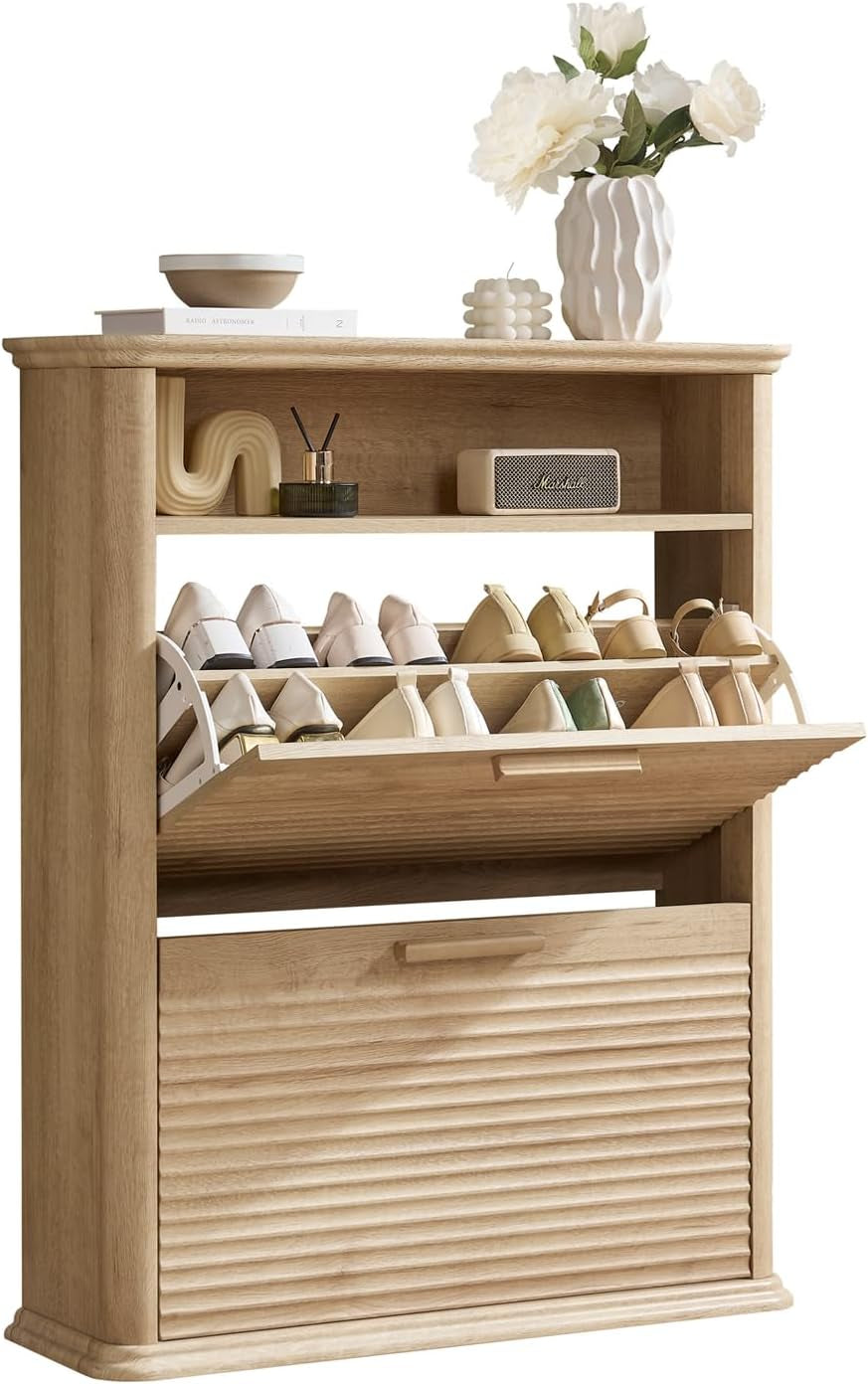 Fluted Narrow Shoe Cabinet with 2 Flip Drawers, Modern Shoe Storage Cabinet with Open Storage & Curved Profile Design, Wood Shoes Rack for Entryway, Hallway, Foyer, Oak