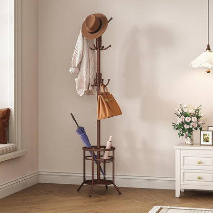 Coat Rack Freestanding, Metal Coat Rack Stand with Umbrella Holder, Modern Coat Tree with 12 Hooks, Floor Standing Corner Hall Tree for Entryway Living Room Bedroom Office, Brown