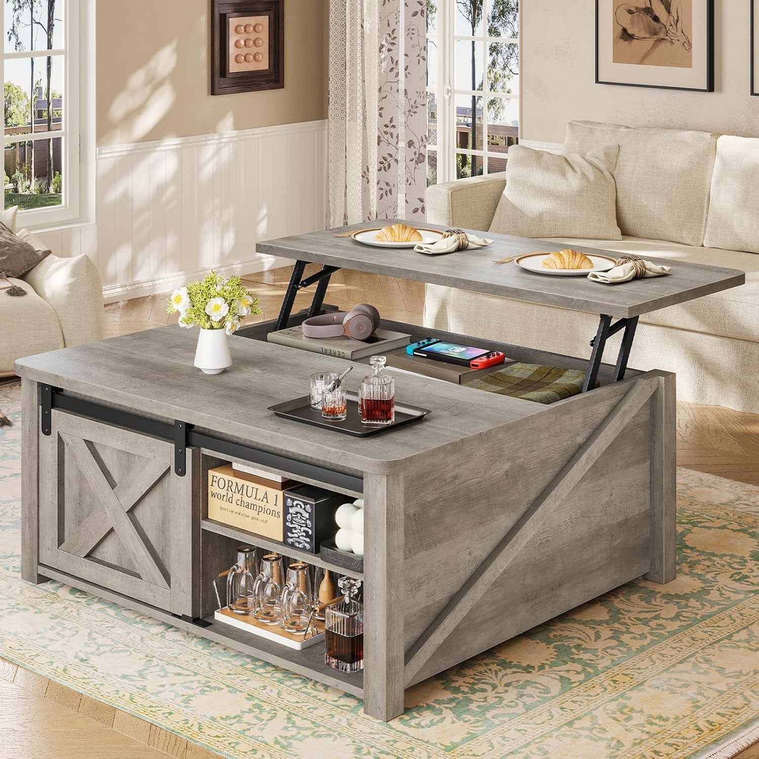 31.5" Lift Top Coffee Table with Storage, Square Coffee Tables for Living Room, Farmhouse Coffee Table with Large Hidden Storage Compartment and Adjustable Shelves, Grey