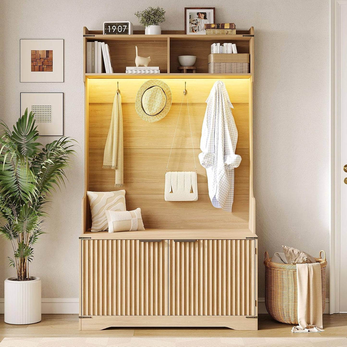 67" Entryway Hall Tree with Bench and Shoe Storage, 5-In-1 Coat and Shoe Rack, Mudroom Bench with Storage and 4 Hooks, Adjustable LED Sensor Light, Modern Boho Fluted Coat Tree, Walnut