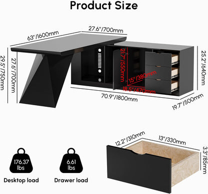 70.9" Modern L-Shape Executive Desk, Home Office Desk with Drawers & Cabinet Modern Computer Desk for Home Business Furniture, Black, Left Hand