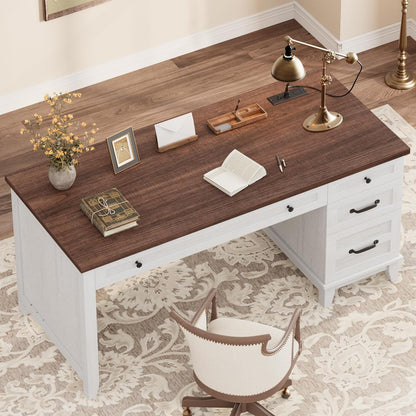 53.5" Wooden Home Office Desk with File Drawers, Executive Desk with Power Outlet, Farmhouse Wood Desk with Storage, Distressed Study and Work Table, Rustic White