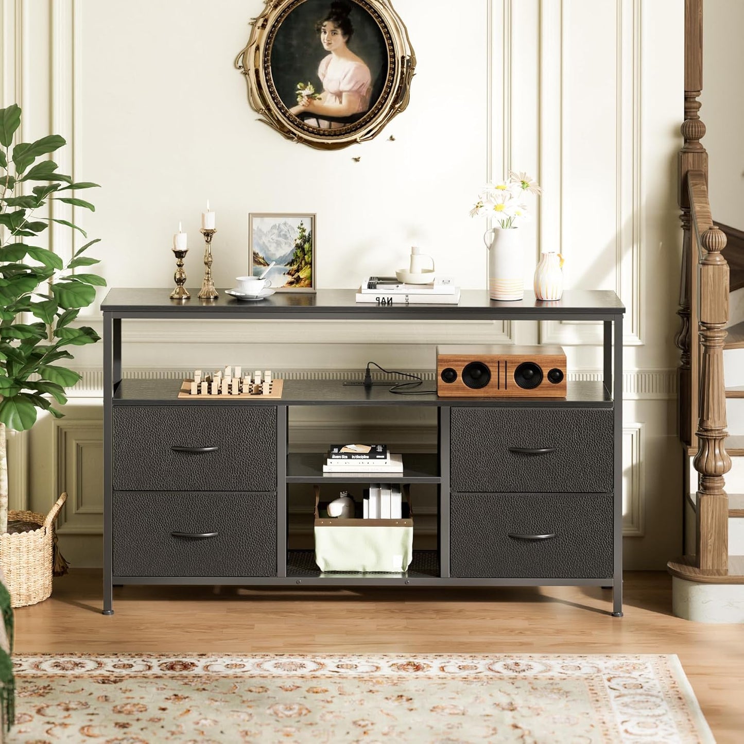 47 Inch TV Stand Dresser with Power Outlets and LED Lights, Fabric Dresser for Bedroom with Storage, 4 Drawers Entertainment Center with Open Shelf, Media Console for 55 50 Inch TV, Black