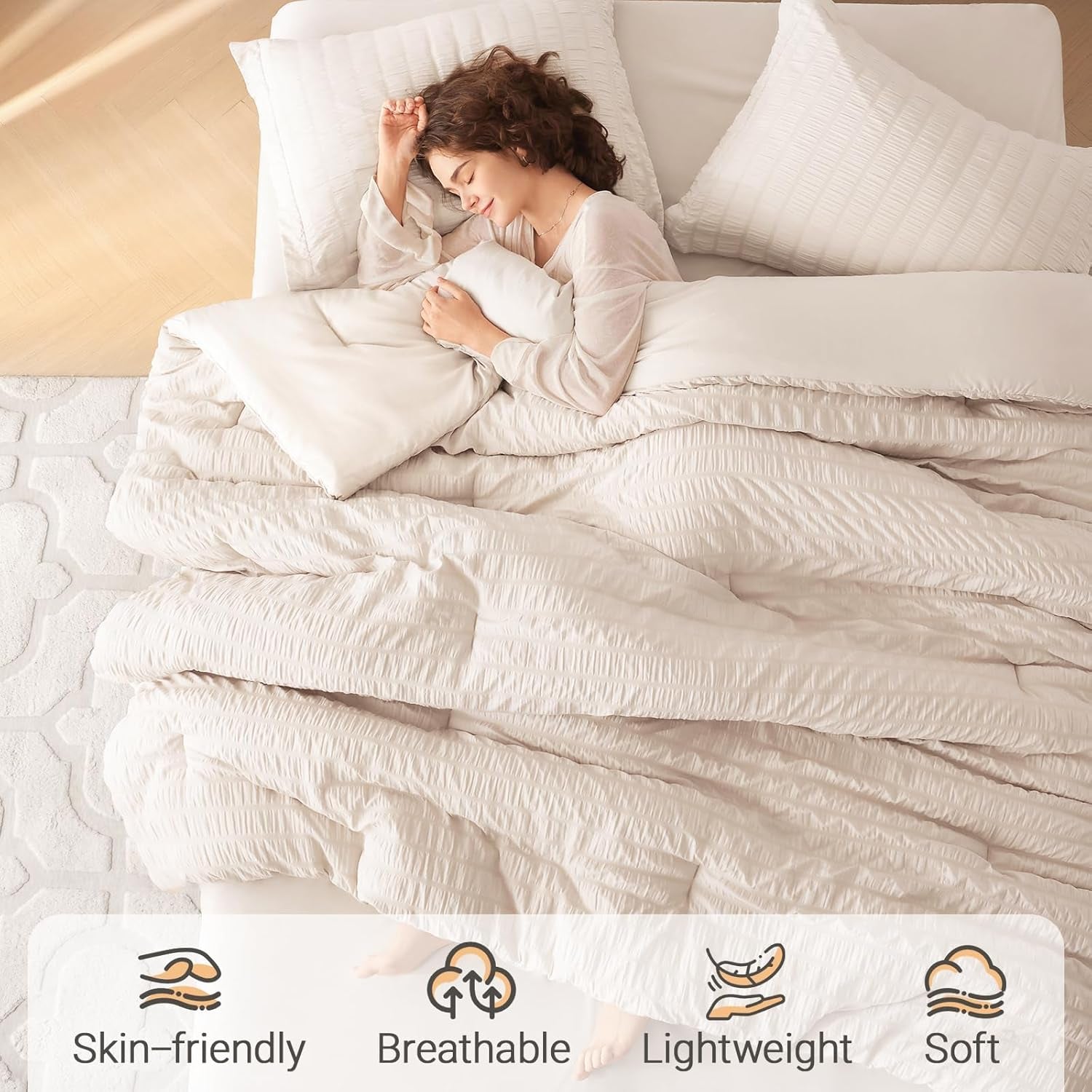 7 Pieces King Comforter Set, Seersucker Bed in a Bag King Size, All Season Luxury Bedding Set with Comforter, Flat Sheet, Fitted Sheet, Pillowcases & Shams, Beige