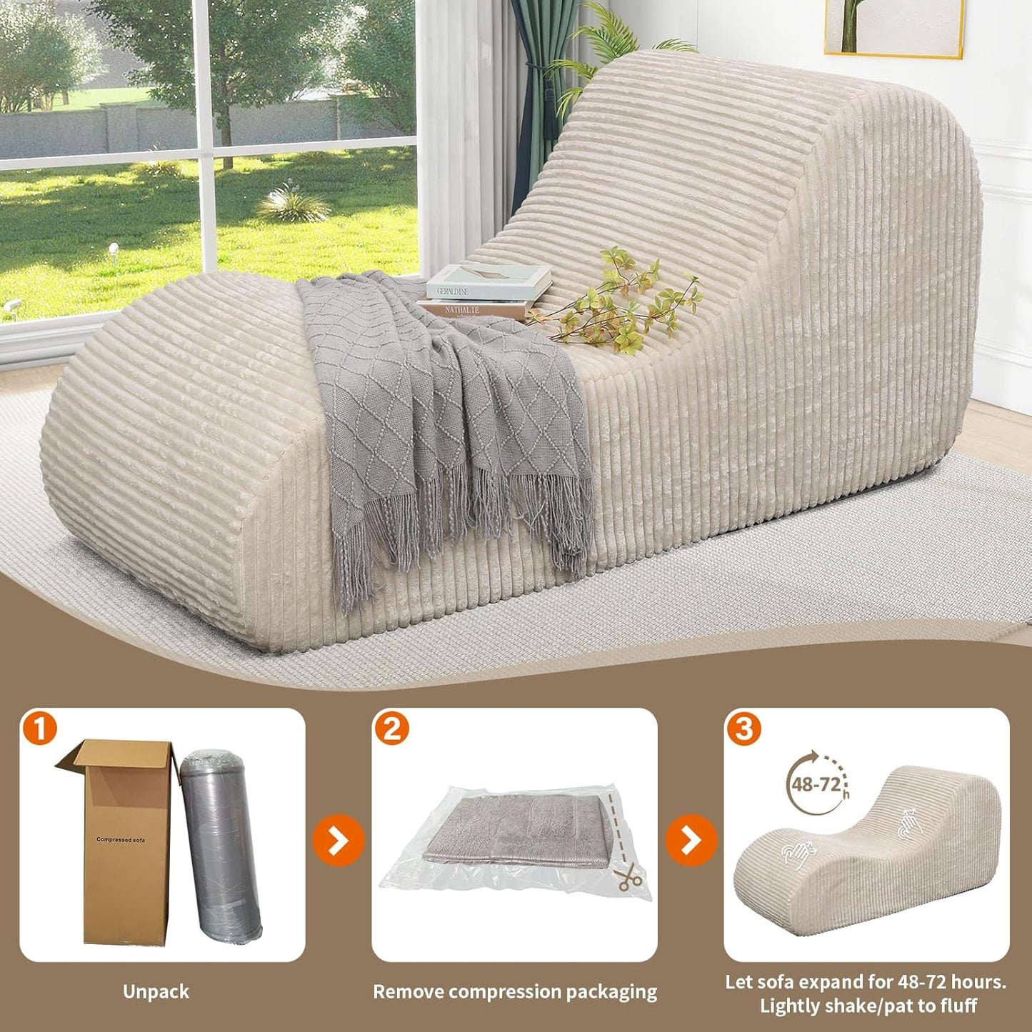 Corduroy Chaise Lounge Chair Couch Indoor Boneless Oversized High-Density Sponge Soft Sofa for Yoga, Khaki