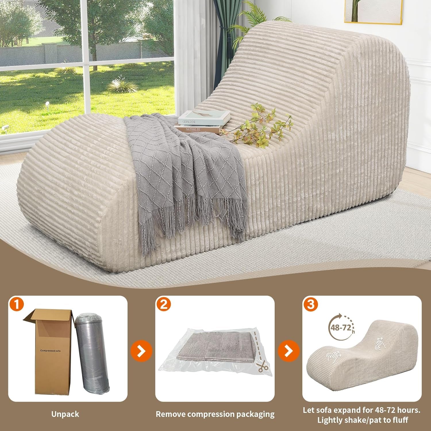 Corduroy Chaise Lounge Chair Couch Indoor Boneless Oversized High-Density Sponge Soft Sofa for Yoga, Khaki