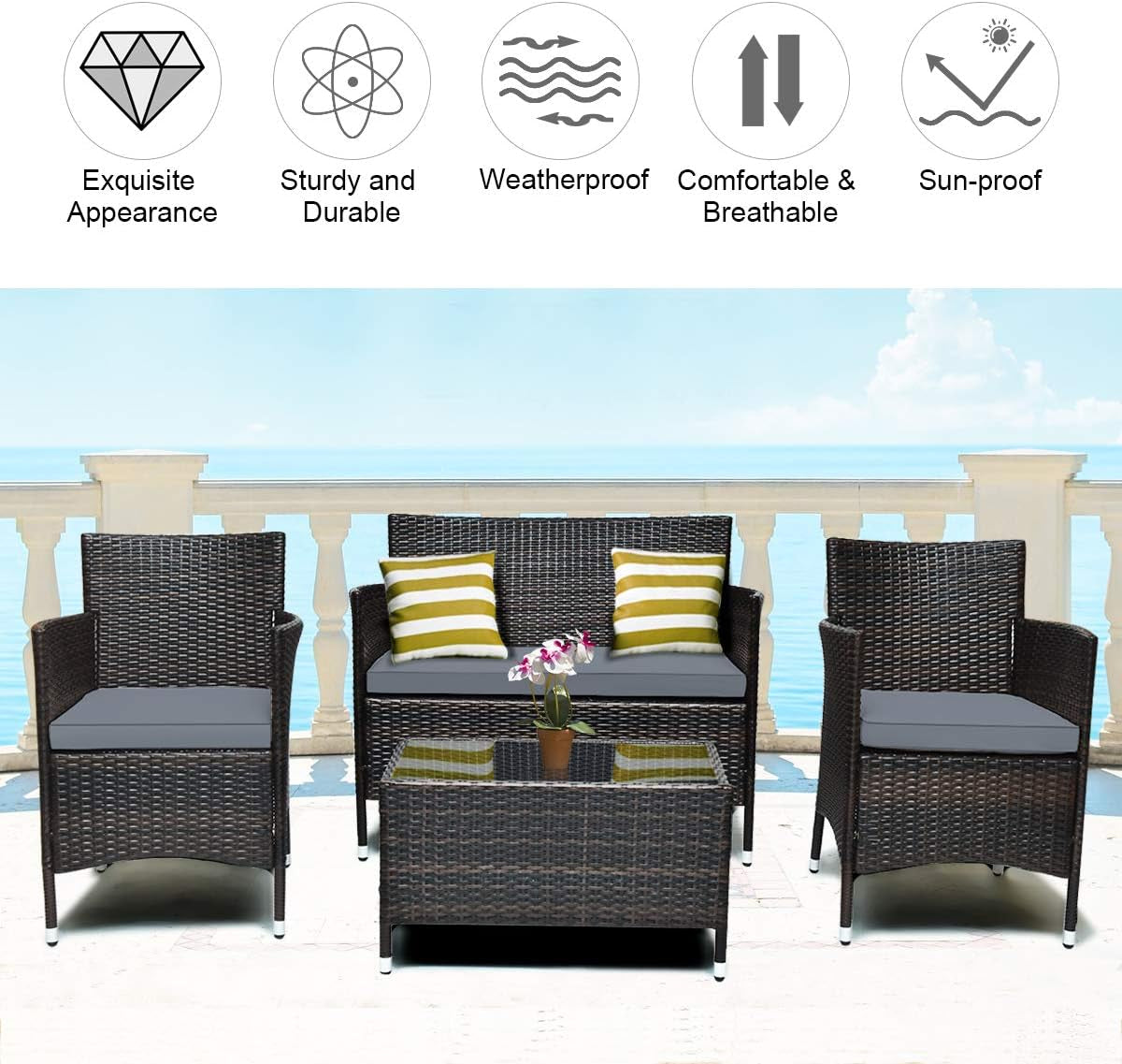 8PCS Rattan Patio Furniture Set, Outdoor Wicker Rattan Chairs with Coffee Table, Rattan Cushioned Conversation Set for Backyard Balcony Porch Poolside, Grey