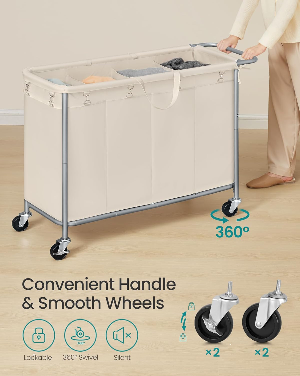 Laundry Basket with Wheels, 4-Section Rolling Laundry Hamper, 68.6 Gallons (260 L), Removable Liner, Steel Frame with Handle, 43.3 X 15.4 X 31.9 Inches, Cream White URLS014W01