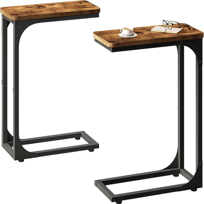 Narrow C Shaped Side Table Set of 2 Living Room Sets Slim Couch Tray Tables Skinny Thin Small Farmhouse 7 Inch Width, Rustic Brown (017-18BN)