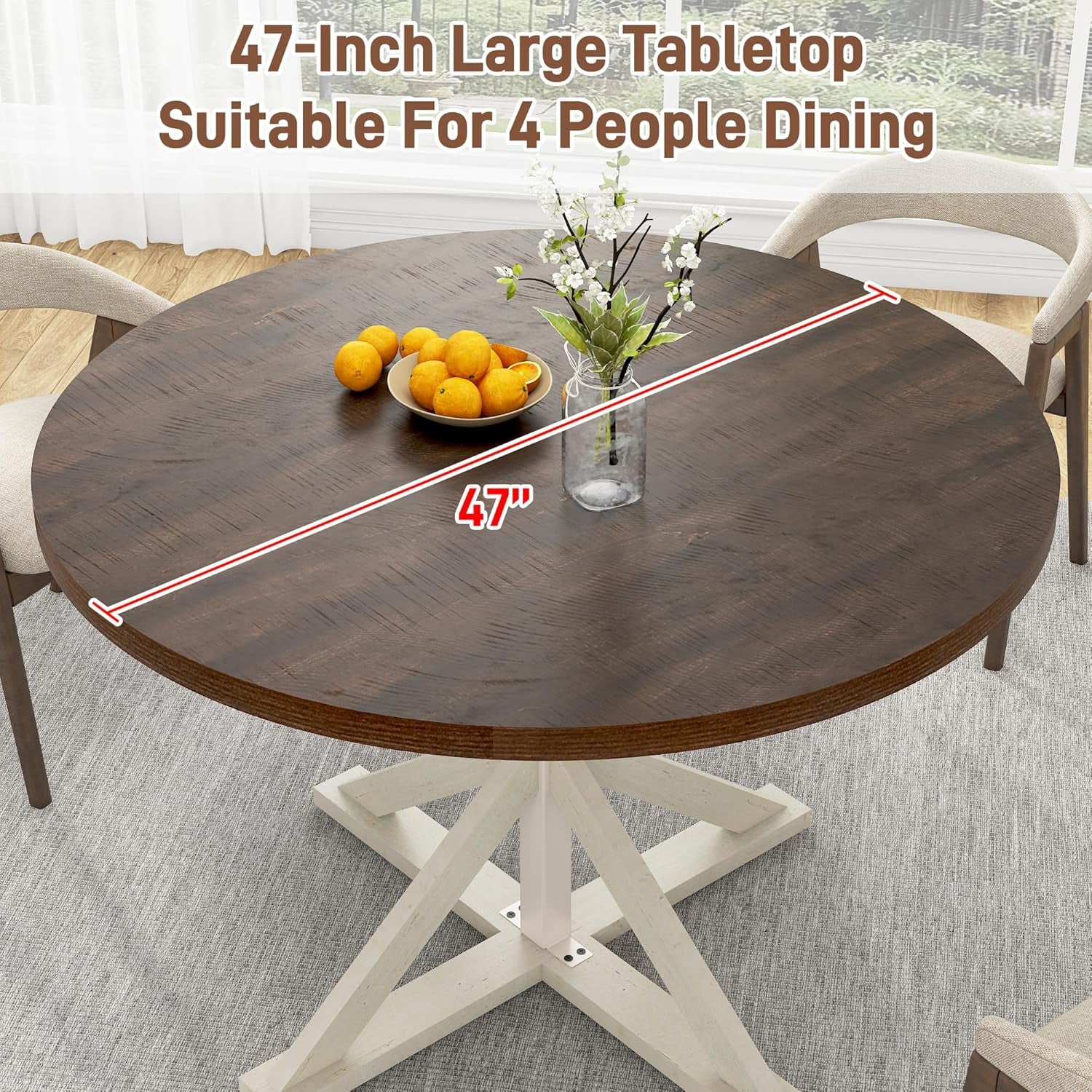 Round Wood Dining Table for Kitchen,Dining Room,Living Room,Farmhouse Dinner Tables W/Thickened Brown Waterproof Tabletop for 4 People,47 Inch Rustic Kitchen Table W/Metal Support