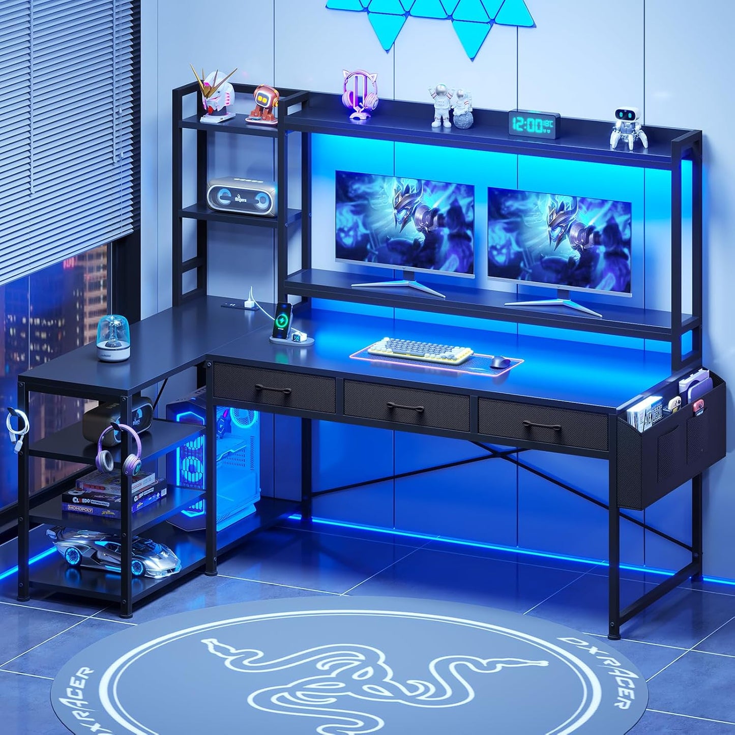 55" L Shaped Gaming Desk, Gaming Desk with Hutch & Drawers, Corner Computer Desk with Shelves and Storage, Reversible L Shaped Desk with LED Lights, Power Outlets, Monitor Stand, Black