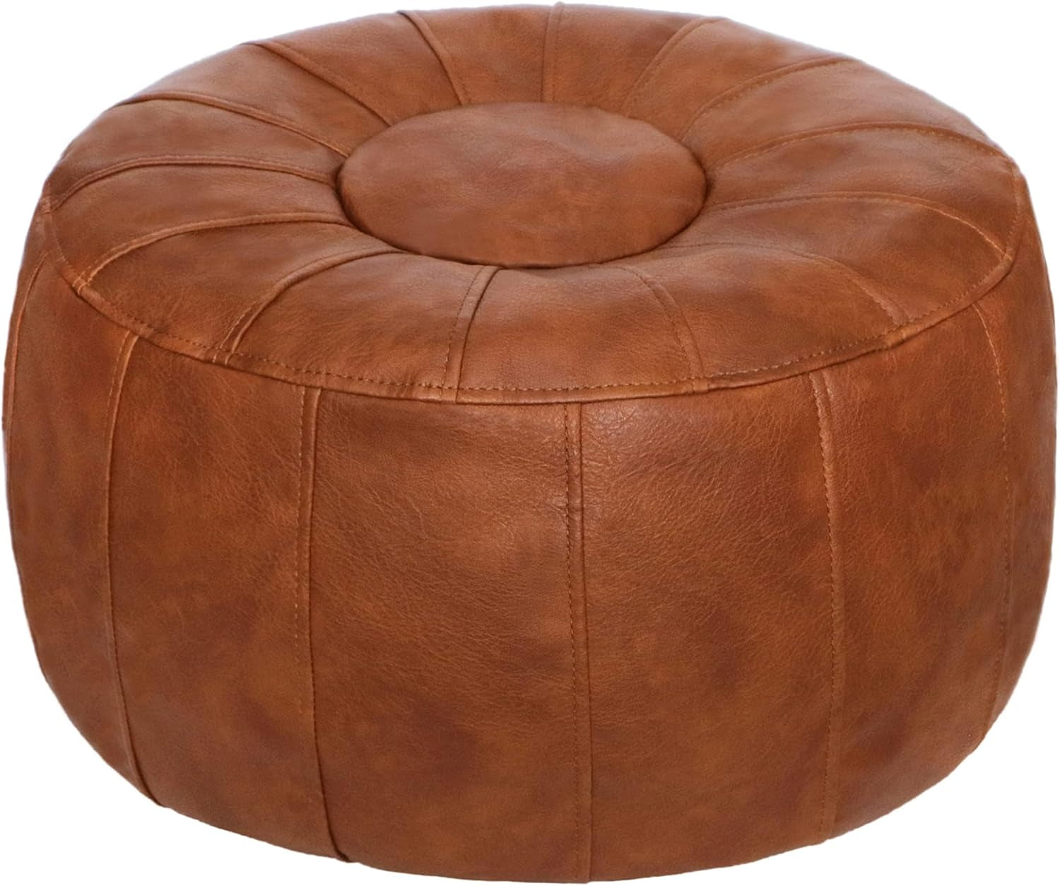 Unstuffed Moroccan Storage Pouf Foot Stool Ottoman Seat Handmade Faux Leather Bean Bag Floor Chair Foot Rest for Living Room, Bedroom or Balcony (Light Brown)