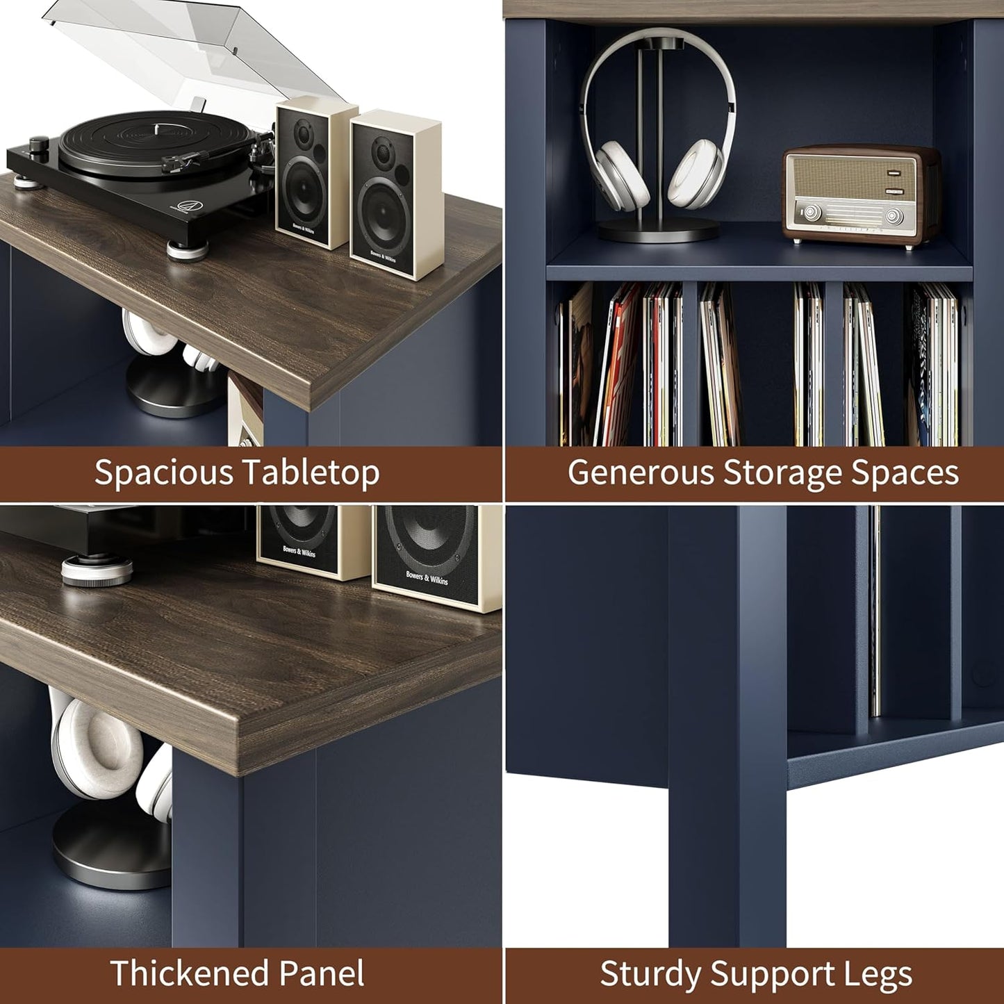 Record Player Stand, Vinyl Record Storage Table End Table with Display Shelf Holds up to 130 Albums, Large Nightstand Wood Turntable Stand Cabinet Side Table for Living Room, Bedroom, Blue