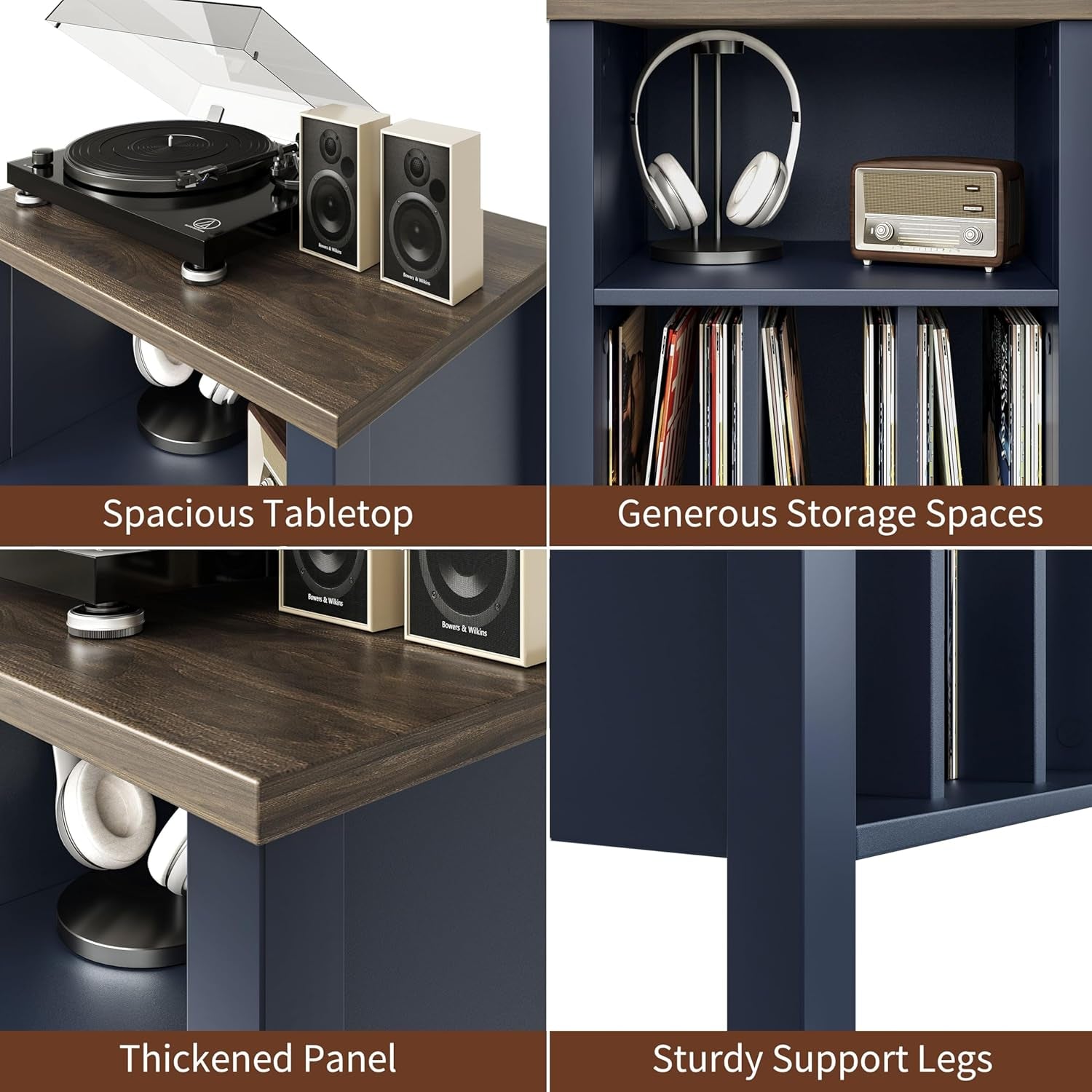 Record Player Stand, Vinyl Record Storage Table End Table with Display Shelf Holds up to 130 Albums, Large Nightstand Wood Turntable Stand Cabinet Side Table for Living Room, Bedroom, Blue