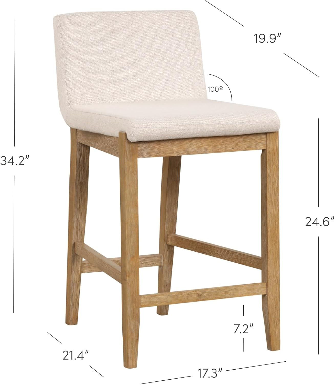 Gracie Modern Counter Height Bar Stool with Back, Counter Stool Upholstered Chair with Natural Flax White Fabric and Brushed Light Brown Wooden Legs, Natural Flax/Brown