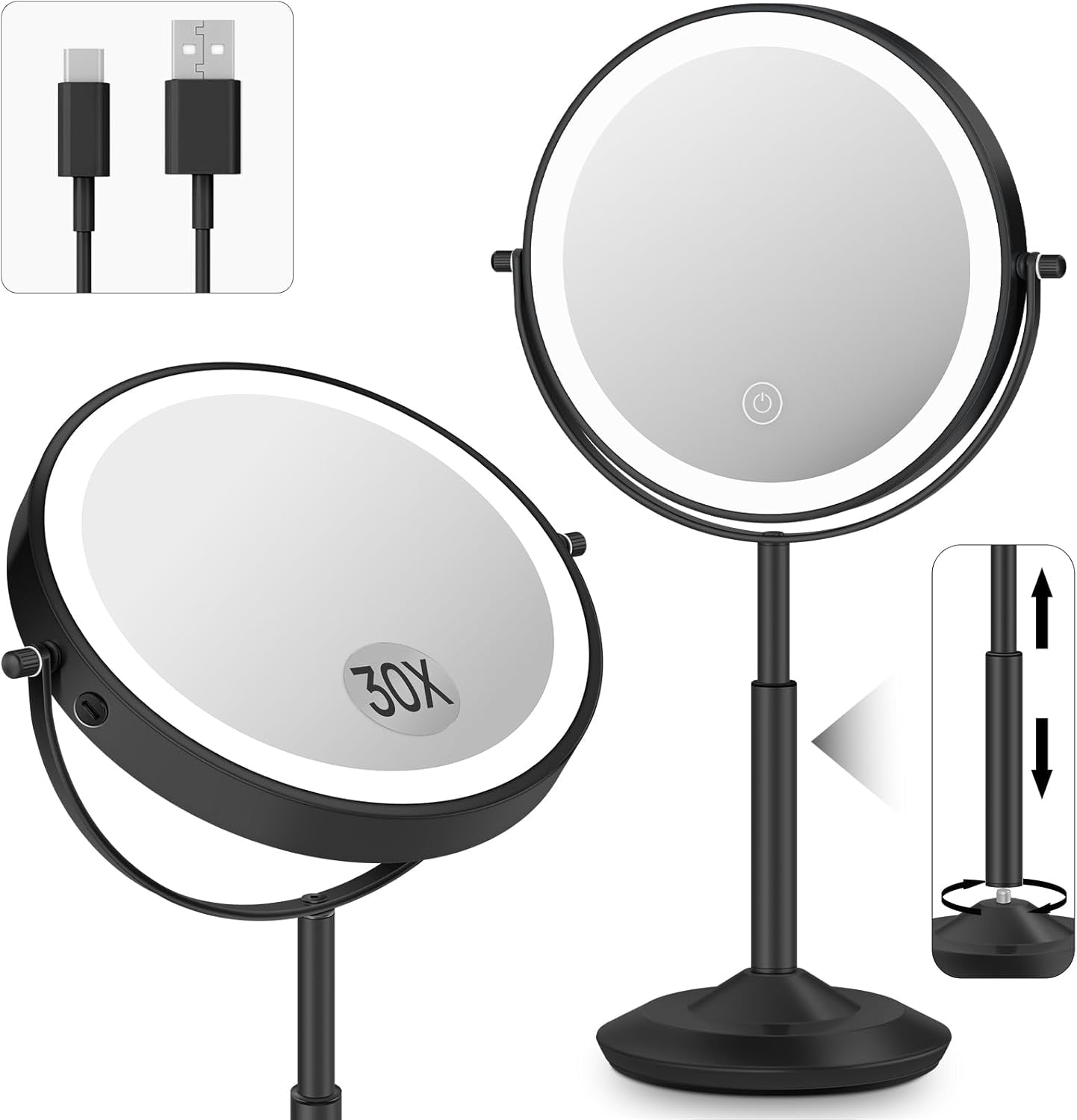 Makeup Mirror with Lights, 1X/30X Lighted Magnifying Mirror Height Adjustable, 3000Mah Rechargeable Double Sided Vanity Mirrors with 3 LED Lighting and Adjustable Brightness for Desk Women Gift
