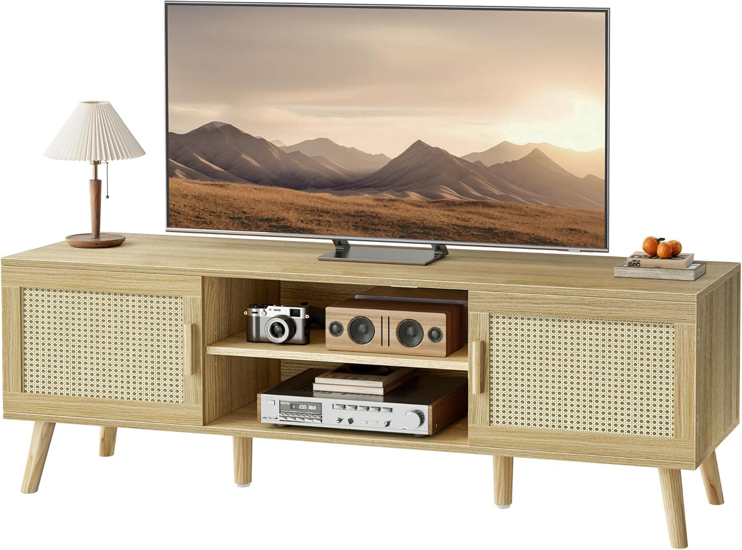 Boho TV Stand for 65 Inch TV, Entertainment Center with Adjustable Shelf, Rattan TV Console with 2 Cabinets, Media Console, Solid Wood Feet, 4 Cord Holes, for Living Room - Natural, 8782T