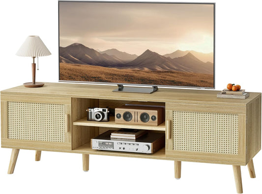 Boho TV Stand for 65 Inch TV, Entertainment Center with Adjustable Shelf, Rattan TV Console with 2 Cabinets, Media Console, Solid Wood Feet, 4 Cord Holes, for Living Room - Natural, 8782T