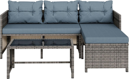 3 Pieces Patio Furniture Sets, All-Weather Wicker Outdoor Sofa Couch Sectional Set, Small Conversation Set for Patio, Garden W/Cushion, Glass Table, (Blue)