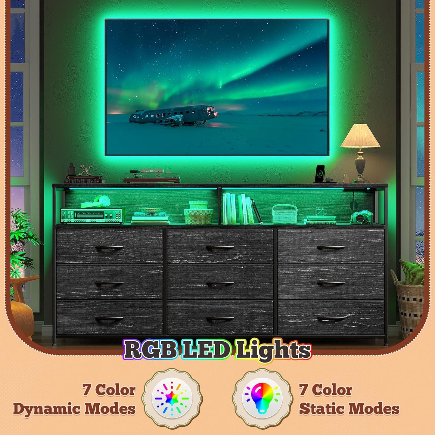 55" W Dresser for Bedroom with 9 Drawers, LED TV Stand with Power Outlets for 45, 55, 65 Inch TV, Sturdy Long Chest of Drawers with Extra 2 Wooden Shelves, Grain Black