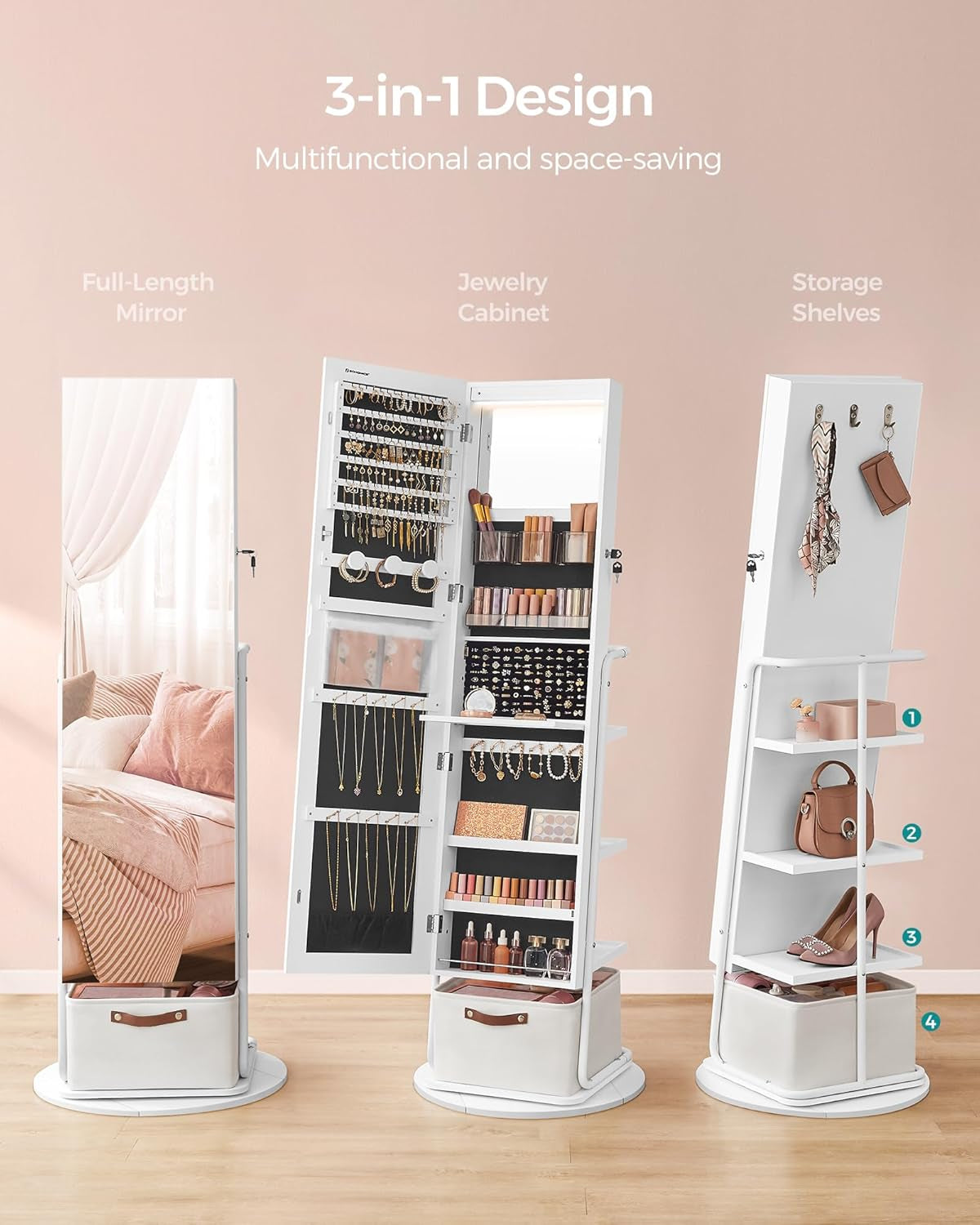 360° Swivel Mirrored Jewelry Cabinet with Lights, Full-Length Mirror with Jewelry Storage, Standing Jewelry Armoire Organizer, with Large Storage Basket, Makeup Shelf, Cloud White UJJC018W01