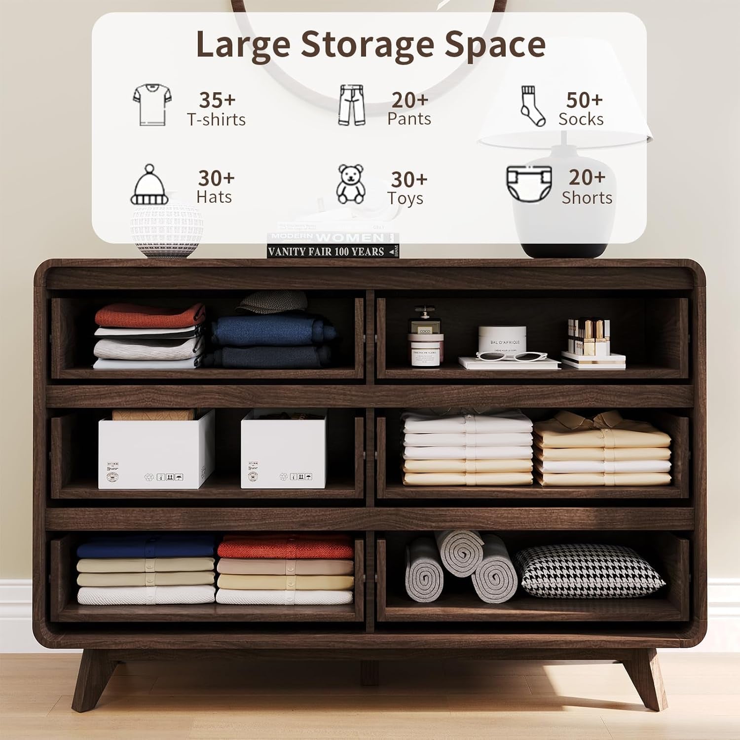 3 Piece Bedroom Set, Dresser and Nightstand Sets, Fluted 6 Drawer Dresser and Nightstand Set of 2, Wood Wide Chest of Drawers Storage Organizer Cabinet Set, Dark Walnut