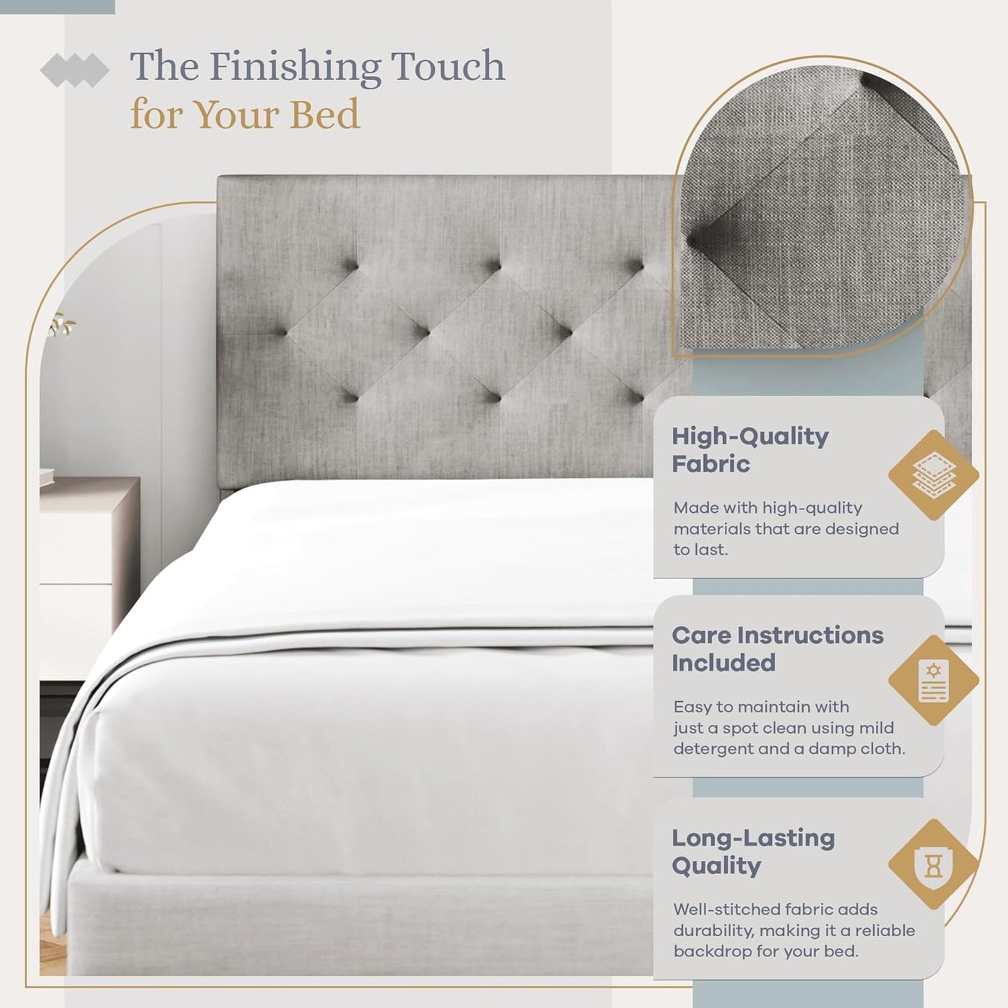 Diamond-Tufted Mid-Rise Upholstered Headboard, Wall or Bed Frame Mount - Full or Queen (Gray)