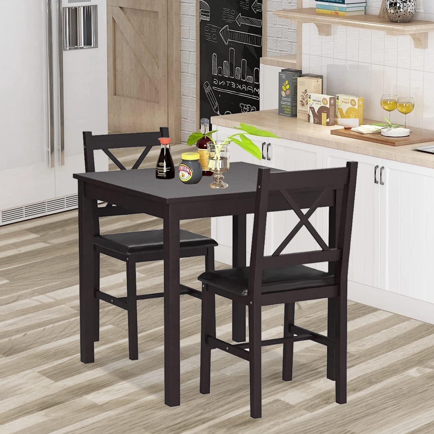 Kitchen Table Set 3 Piece Wooden Dining Table Set for 2 Person Square Table and Chair Small Farmhouse Table Set for Kitchen Restaurant, Brown