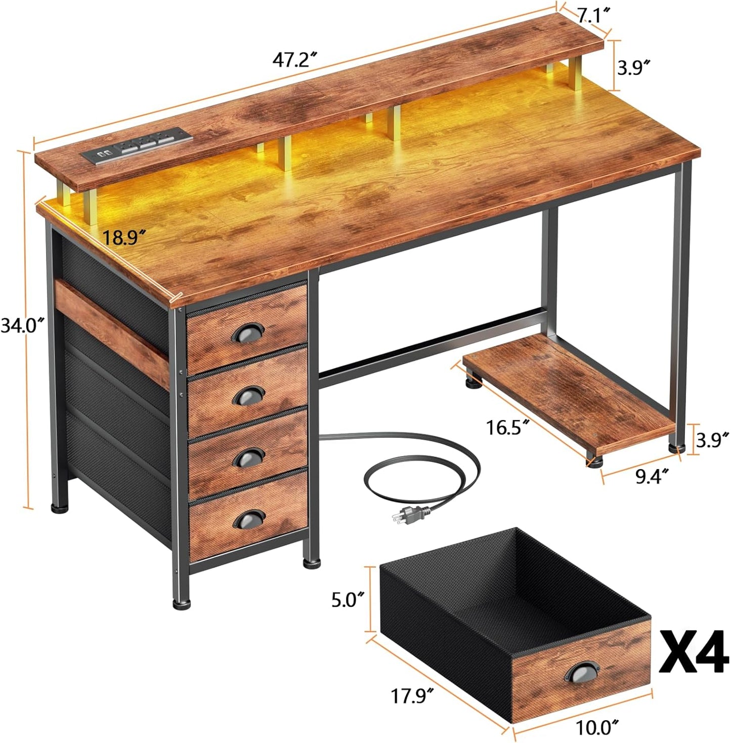 55 Inch Computer Desk Gaming with 4 Fabric Drawers with Power Outlets and LED Lights for Home Office with Full Monitor Stand and Shelf Study Table for Small Spaces Rustic Brown