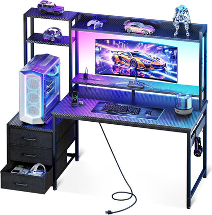 48 Inch Gaming Desk with Hutch & 3 Fabric Drawers, Computer Desk with USB Ports & LED Lights, Reversible Pc Gamer Table with Monitor Stand for Home Office, Carbon Fiber Black