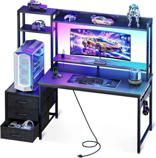 48 Inch Gaming Desk with Hutch & 3 Fabric Drawers, Computer Desk with USB Ports & LED Lights, Reversible Pc Gamer Table with Monitor Stand for Home Office, Carbon Fiber Black