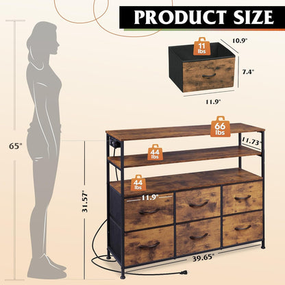 TV Stand for 40, 45 Inch TV, Entertainment Center with LED Lights & Charging Station, TV Media Console Table with 6 Fabric Drawers and Open Shelves for Living Room, Hallway, Rustic Brown