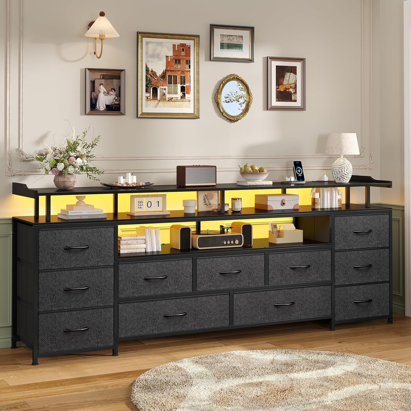 TV Stand for 65 Inch TV, 63" W TV Console Table with LED Lights & Charging Station, Long Dresser with 11 PU Drawers, Large Entertainment Center with Shelves for Bedroom,Black