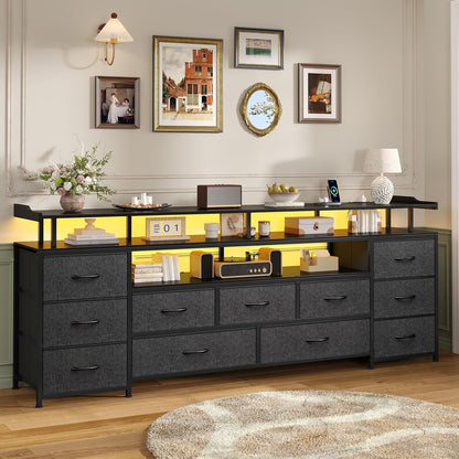 TV Stand for 65 Inch TV, 63" W TV Console Table with LED Lights & Charging Station, Long Dresser with 11 PU Drawers, Large Entertainment Center with Shelves for Bedroom,Black