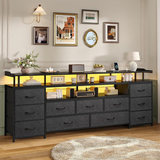 TV Stand for 65 Inch TV, 63" W TV Console Table with LED Lights & Charging Station, Long Dresser with 11 PU Drawers, Large Entertainment Center with Shelves for Bedroom,Black