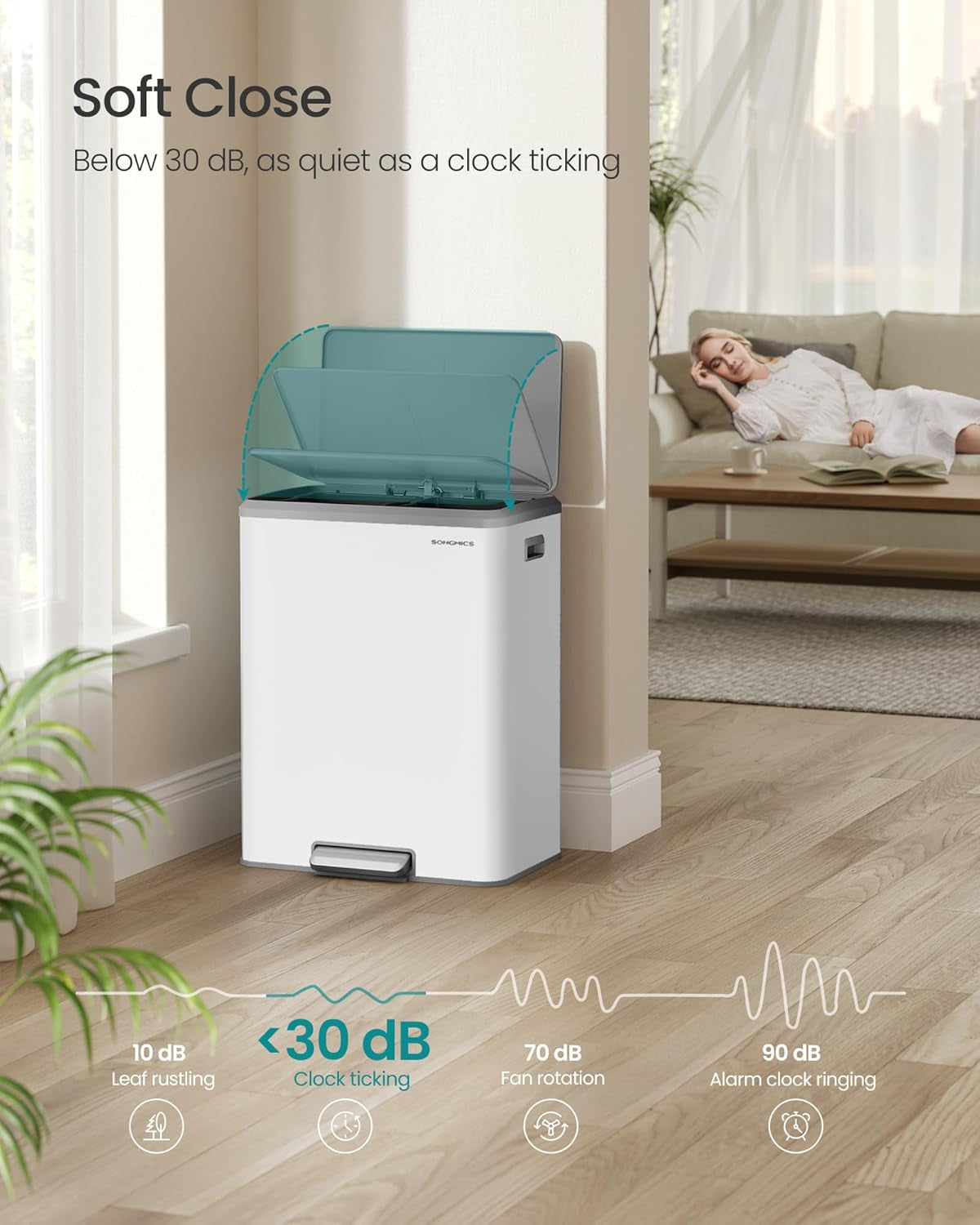 Trash Can, 2 X 8 Gallon (2 X 30 L) Double Garabge Can for Recycling and Waste, Stainless Steel, Soft-Close Lid, Inner Buckets, Wide Sturdy Pedal, Cloud White ULTB556W01
