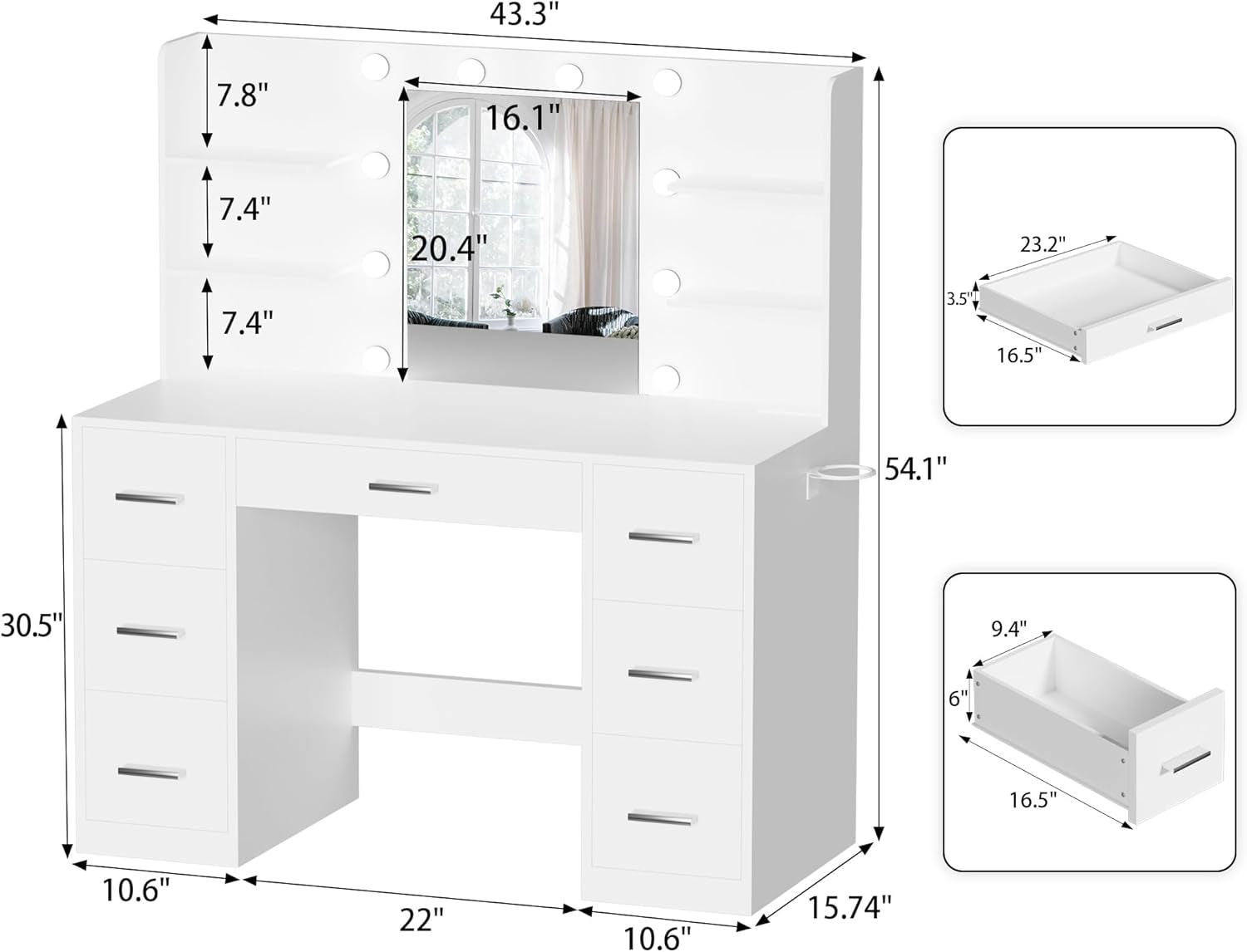 Vanity Desk with Mirror, Power Outlet and 10 Lights, Makeup Table with 7 Drawers, 3 Color Modes Available for Bedroom, Pure White
