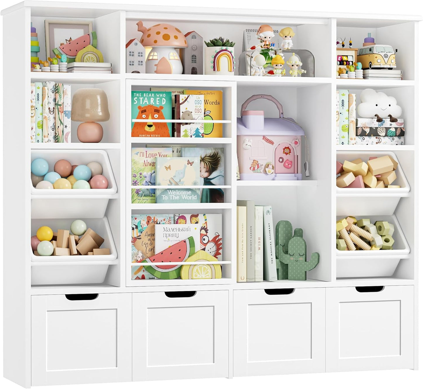55.1’’ W Toy Storage with Sliding Bookshelf, Large Toy Organizer Kids Bookshelf with 4 Movable Drawers and 4 Storage Bins, Toy Bins for Kids Organizer Playroom Storage for Kid Room, White
